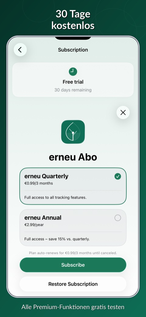 erneu Screenshot: 30-Tage-Übersicht