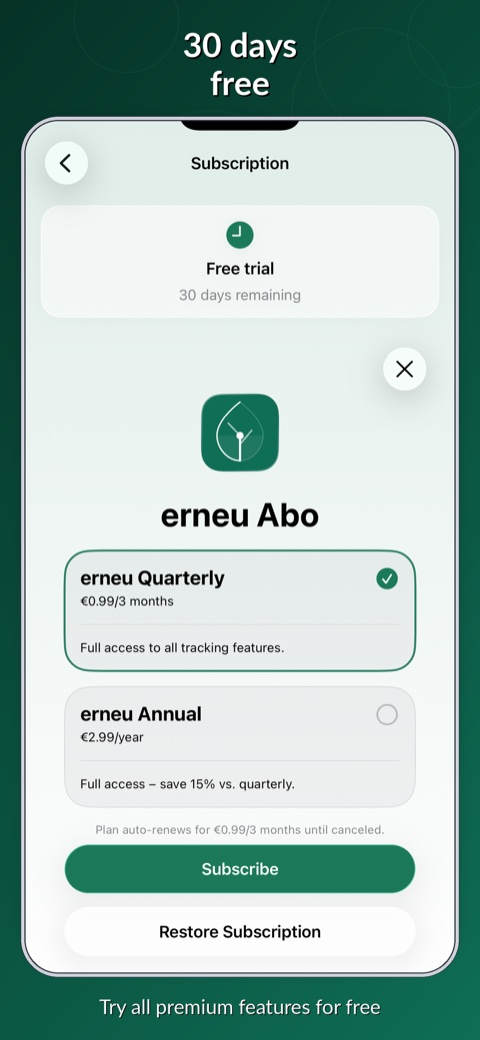 erneu screenshot: 30-day overview