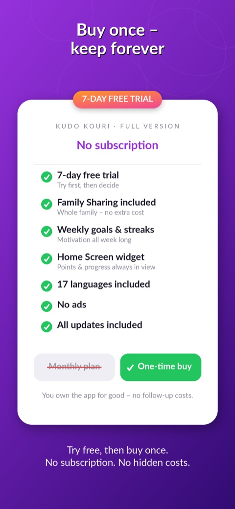 Kudo Kouri screenshot: one-time purchase, no subscription
